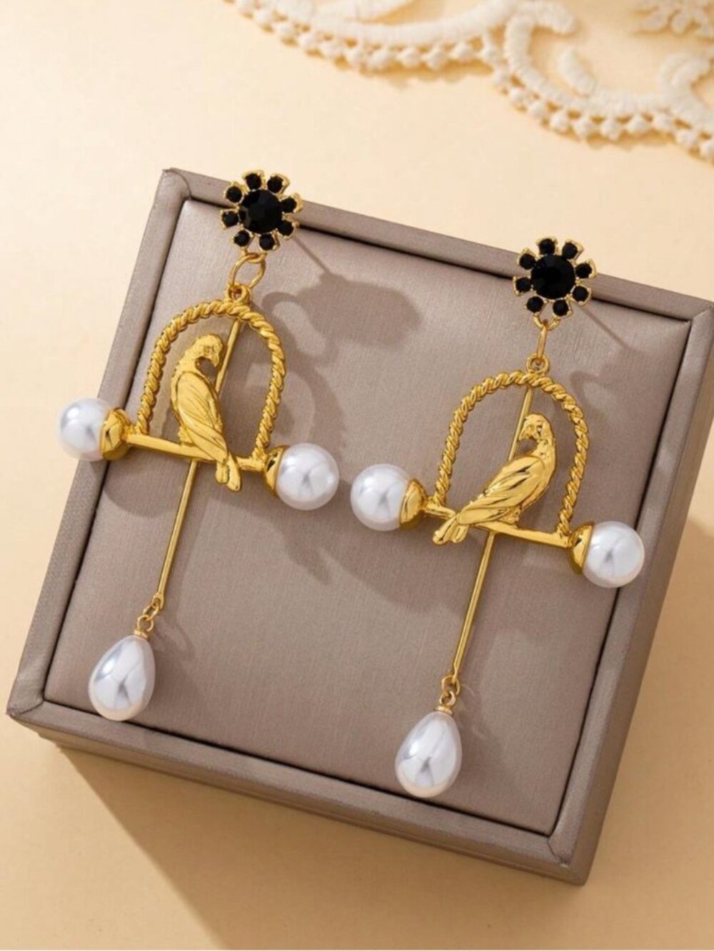 Vintage Ornate Gold Birdcage Songbird  Pearl Earrings